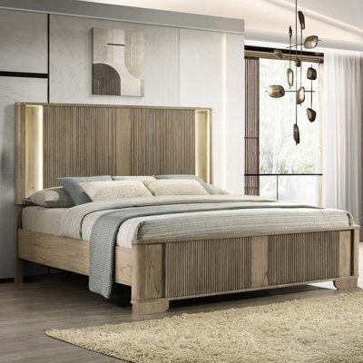 Cadre de lit grand de style transitionnel, tête de lit à DEL, finition chêne antique, panneaux, cadre en bois massif pour chambre à coucher avec pièce