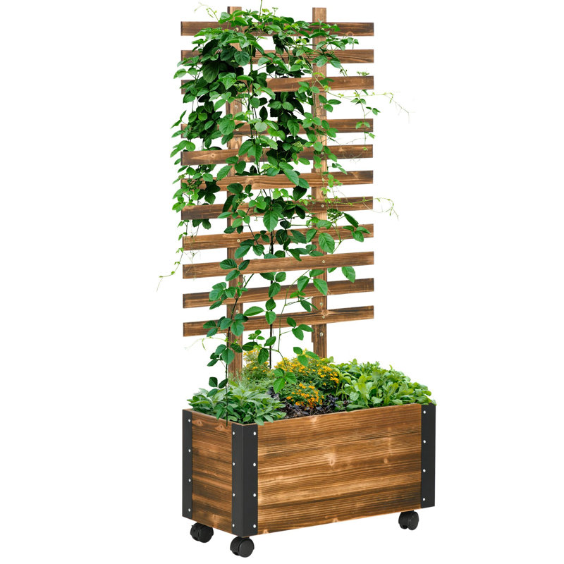 Outdoor Wooden Planter with Wheels, Brown/Green