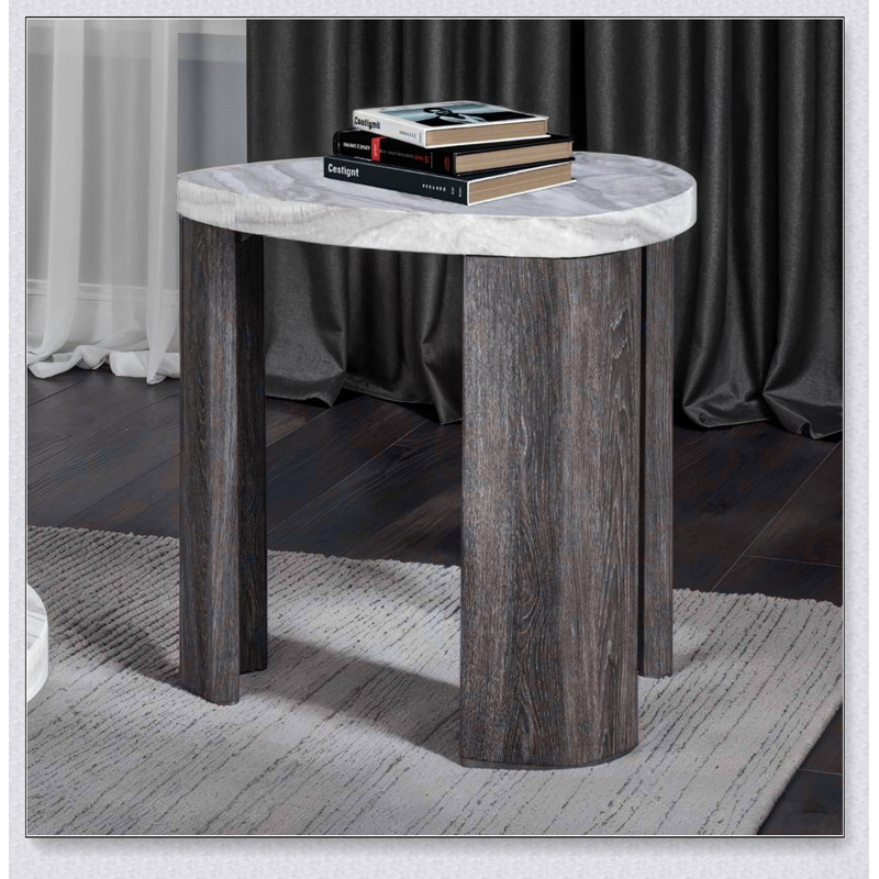 Contemporary Style Triangle End Table with Marble Pattern, Space-Saving Design for Primary Living Room
