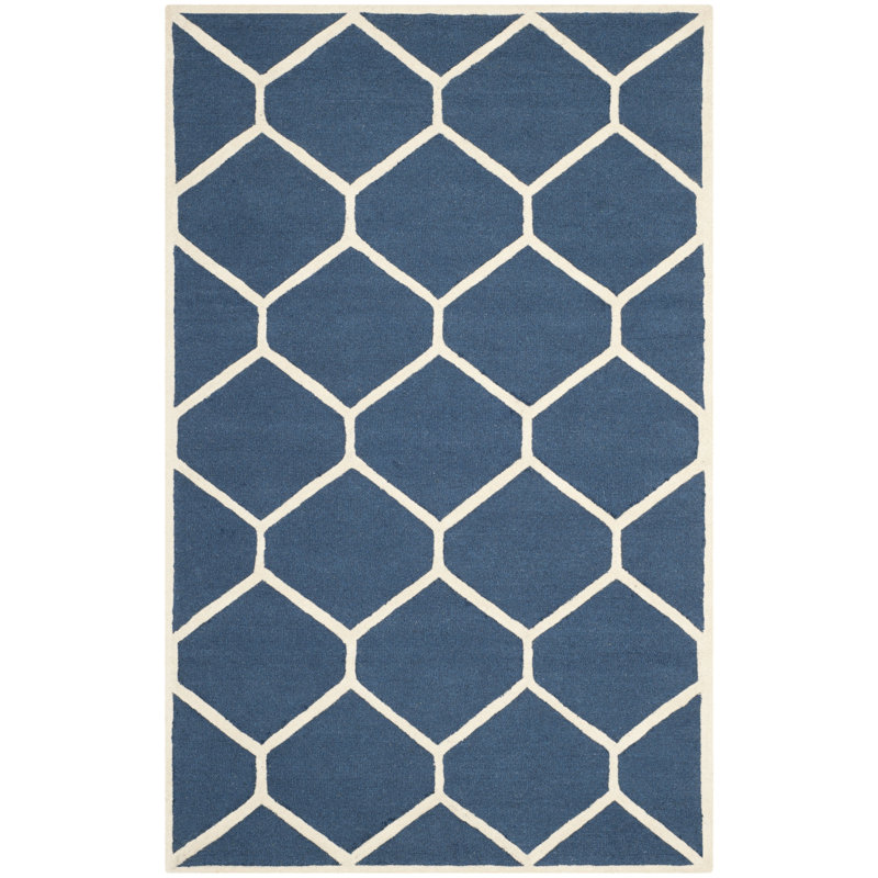 Navy Blue and Ivory Hand-Tufted Wool Geometric Area Rug