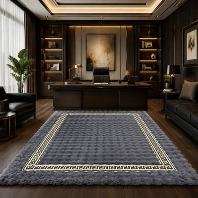 Light Grey Plush Faux Fur Rug, Silver Greek Key Border, Modern Designer Carpet