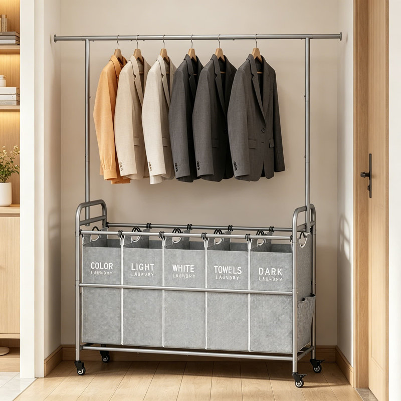 Laundry Hamper with Hanging Rack, 5 Section Laundry Sorter on Wheels with Removable Baskets and Hanging Bar, Rolling Laundry Cart for Bedroom or Bathroom, Heavy Duty Metal Frame, 246L Capacity