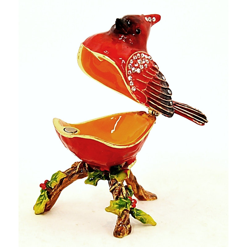 Cardinal Bird on Branch Trinket Box. Hand Crafted with Austrian Crystals