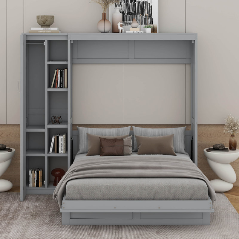 Lit escamotable double avec tablettes, garde-robe et lumières DEL, Gris, Lit double