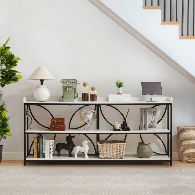 70.9" Marble White Console Table with Charging Ports and Metal Frame