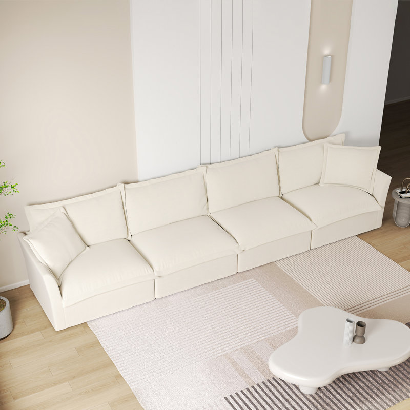 Canapé long en chenille 4 places - Housse amovible, sièges très profonds et confort pour le salon, Crème, crème