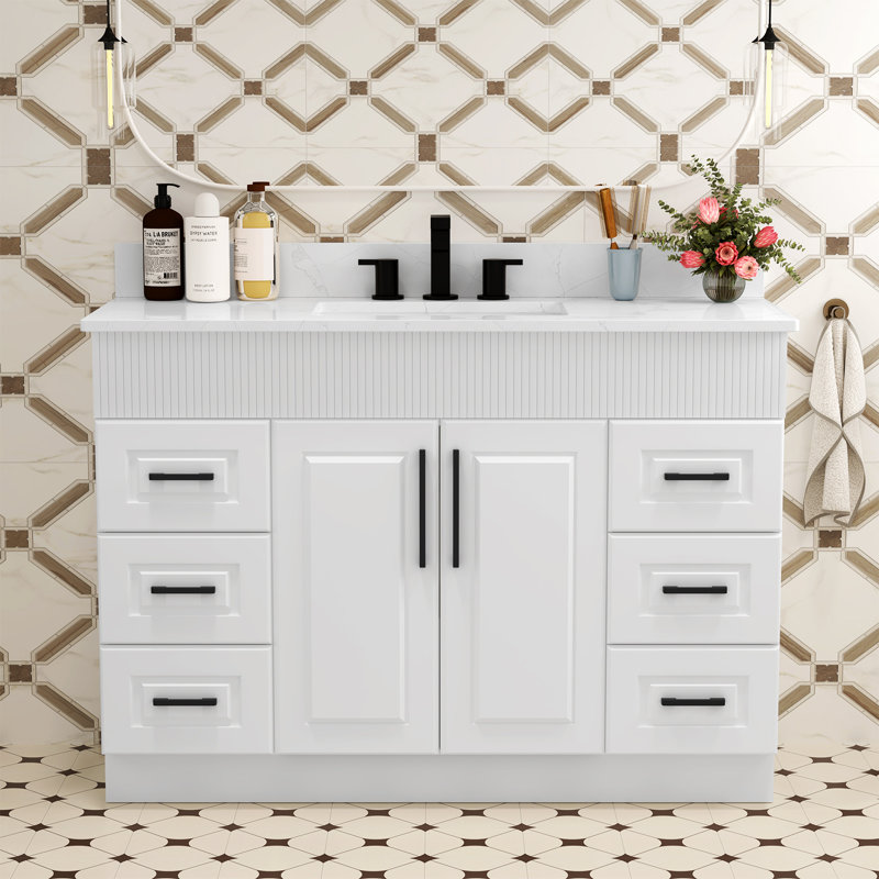 Meuble-lavabo rustique 48 po avec lavabo, comptoir en quartz, dosseret