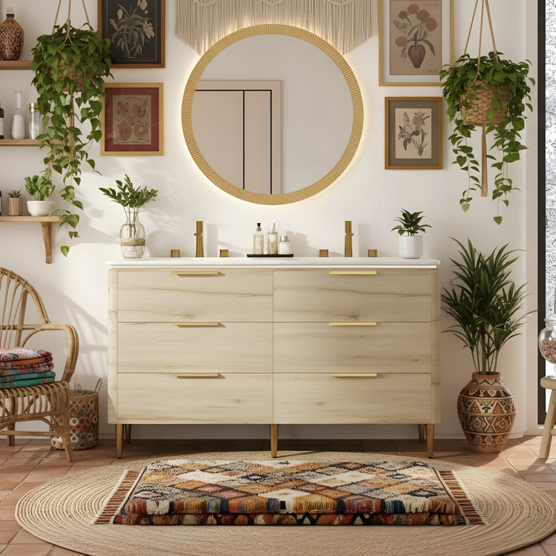 Armoire de rangement autoportante à bord courbé en contreplaqué avec tiroirs, Chêne blanc