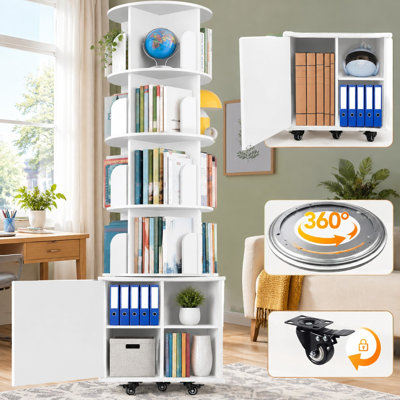 With wheels and an enclosed storage cabinet, this white 6-tier round bookshelf tower turns 360° for movable corner organization.