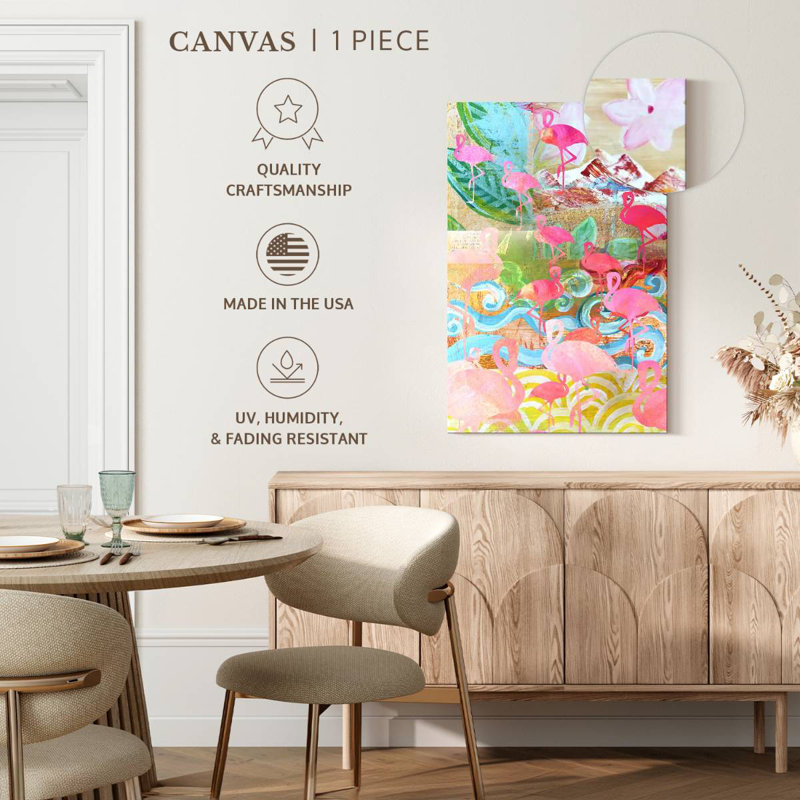 Flamant rose collage, H 39 po x l 26 po
