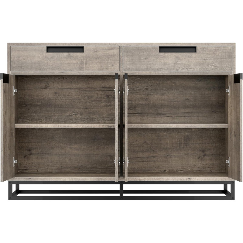 Buffet 55 po avec 2 tiroirs et 4 portes, grande table basse avec tablettes réglables pour la salle à manger, Gris