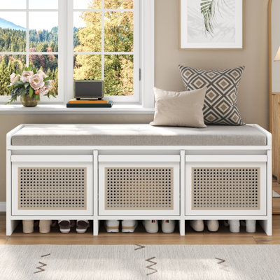 Banc de rangement l 48 po avec coussin amovible, rangement caché et 3 tiroirs, maison de campagne moderne, vestibule