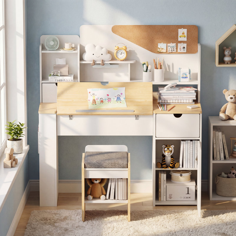 Desk and Chair Set, Wooden Study Table with Tiltable Desktop, Hutch, Drawer & Storage Cabinet, Multi-Functional Writing Desk for All Age