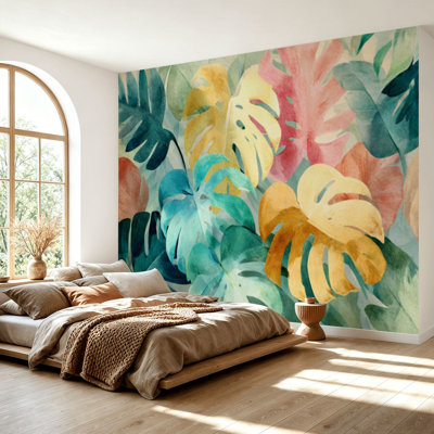 Wall Mural Peel and Stick Wallpaper Colorful Tropical Monstera Leaves Watercolor Design Self-Adhesive Removable Contact Paper Wall Decor for Living Room Bedroom 69"H x 96"W