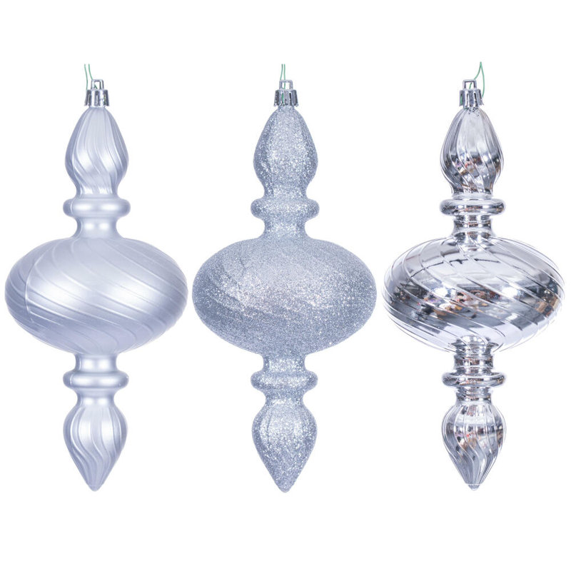 Vickerman 8.2" Swirl Finial Ornament Assortment. One matte, one shiny, and one glitter., Silver