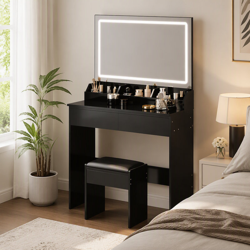 Ensemble de coiffeuse compacte 31,6 po x 20 po et tabouret rembourré, grand miroir DEL tactile à intensité variable (3 couleurs), grand espace de rangement pour les petits espaces