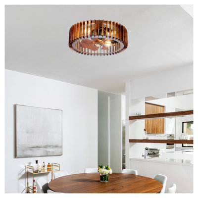 Ventilateur de plafond de style campagne moderne 20 "avec lumière - Ventilateur encastré à profil bas en bois, moteur à courant continu silencieux, télécommande pour chambre à coucher et salon