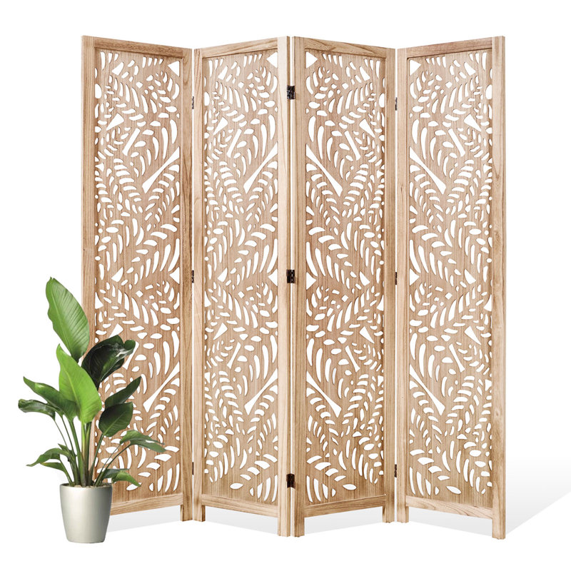Paravent en bois massif 67 po H - Paravent Serenity Floral, 4, Bois naturel