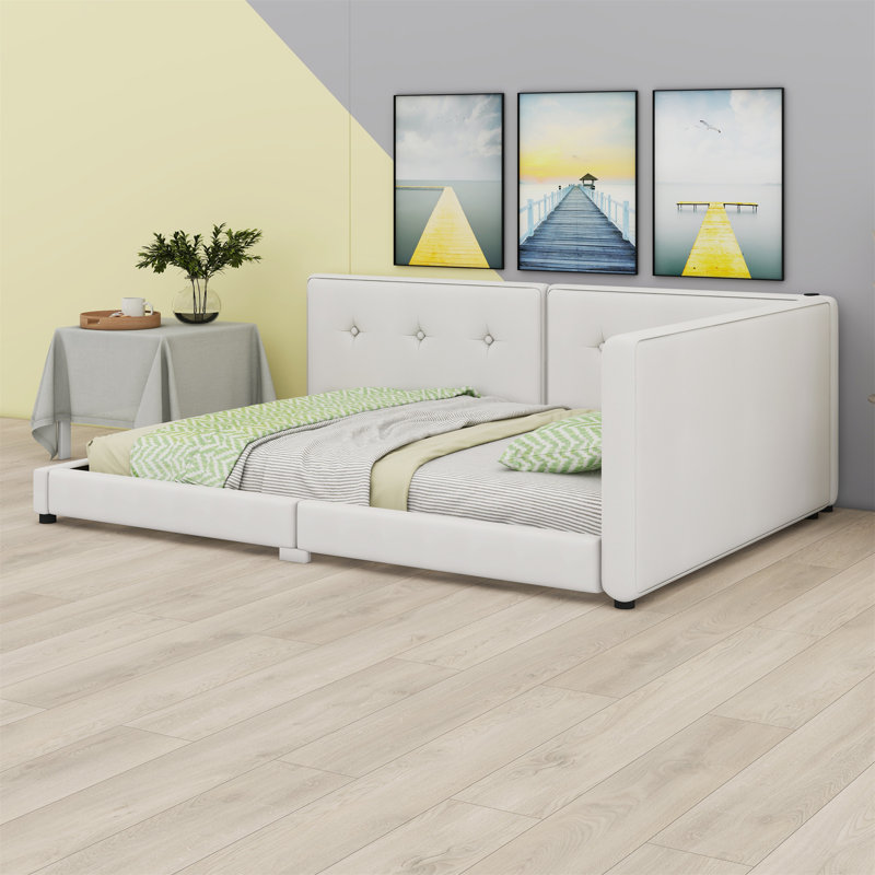 Lit plateforme tapissier avec ports USB, Beige