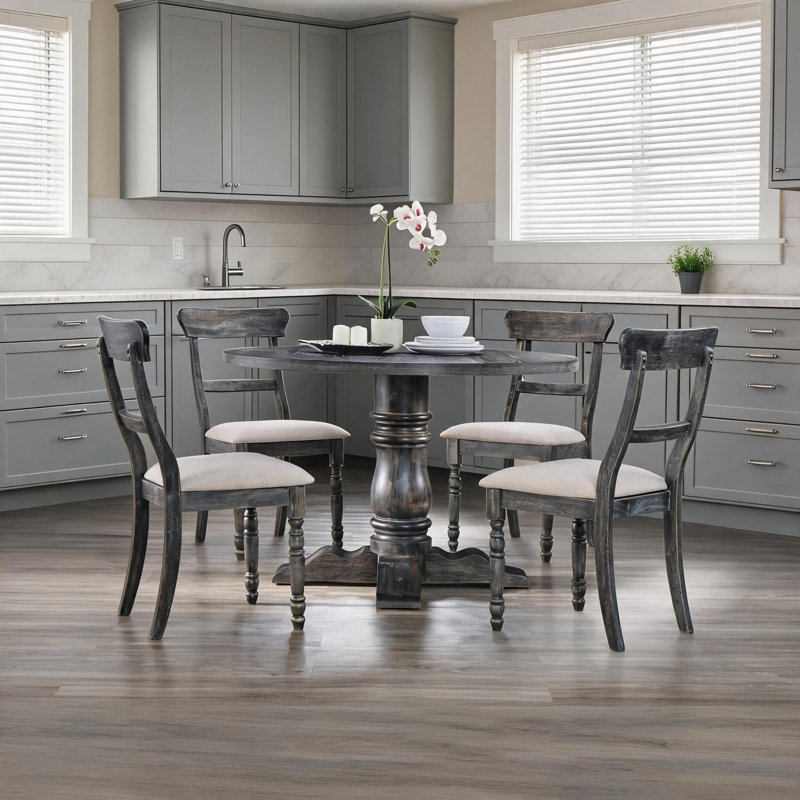 Table de salle à manger ronde au fini gris vieilli neutre, base en bois synthétique, 47 po, 4 sièges