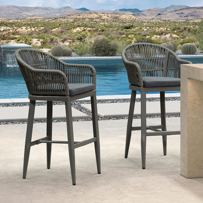 Outdoor Rattan Bar Stools Set Of 2 Modern Patio Aluminum Wicker Barstools With Wraparound Armrest Back