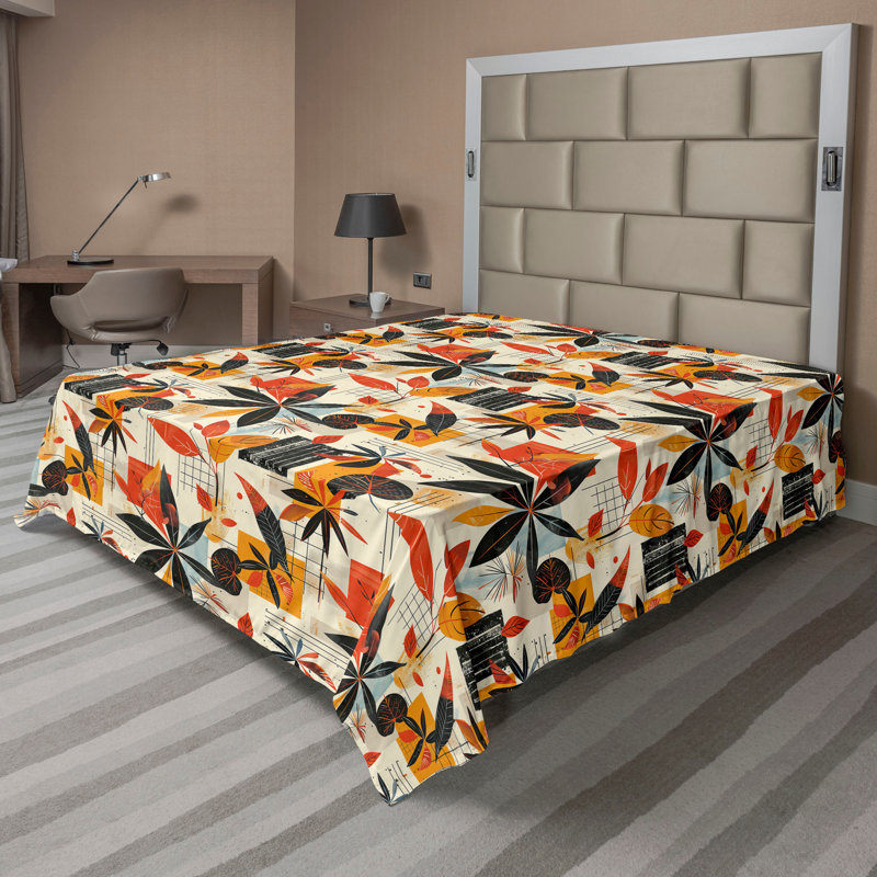 Drap plat moderne de style bohème Ambesonne, Full Flat Sheet, Noir / vermillon / motif floral moutarde
