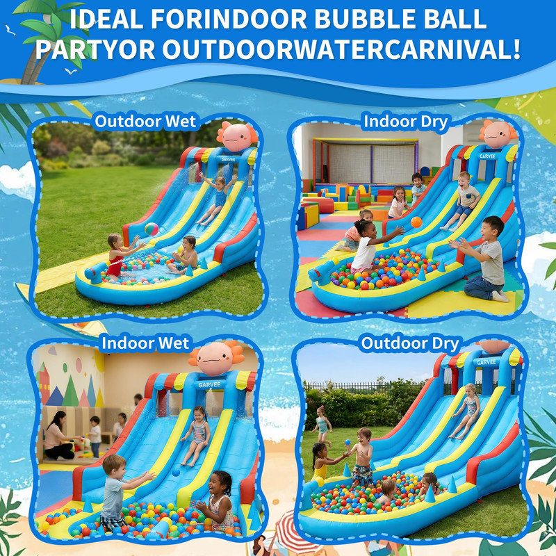 Parc aquatique gonflable pour enfants Hexagon - glissade double, pataugeoire et long tapis avec ventilateur