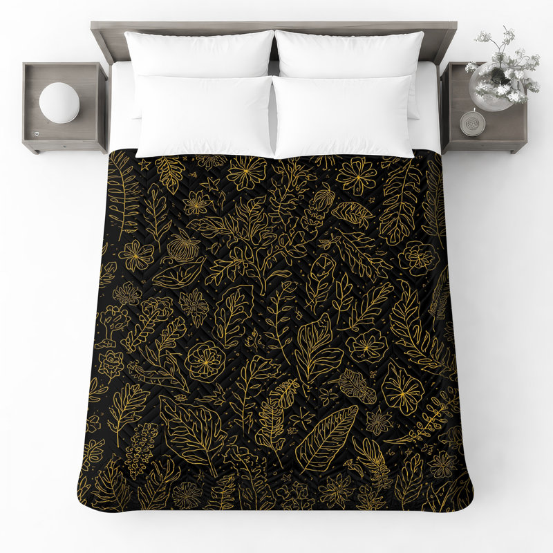 Couvre-lit matelassé Gold Botanical Line Art toutes tailles, Lit simple