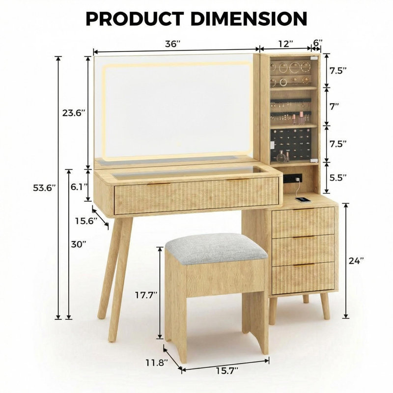 Meuble-lavabo cannelé de 48 pouces avec station de charge avec miroir éclairé, Beige