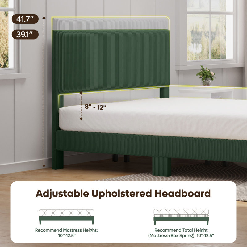 Corduroy Upholstered Platform Bed with Channel-Tufted Headboard, Modern Queen Bed Frame with Soft Padded Edges and Ambient LED