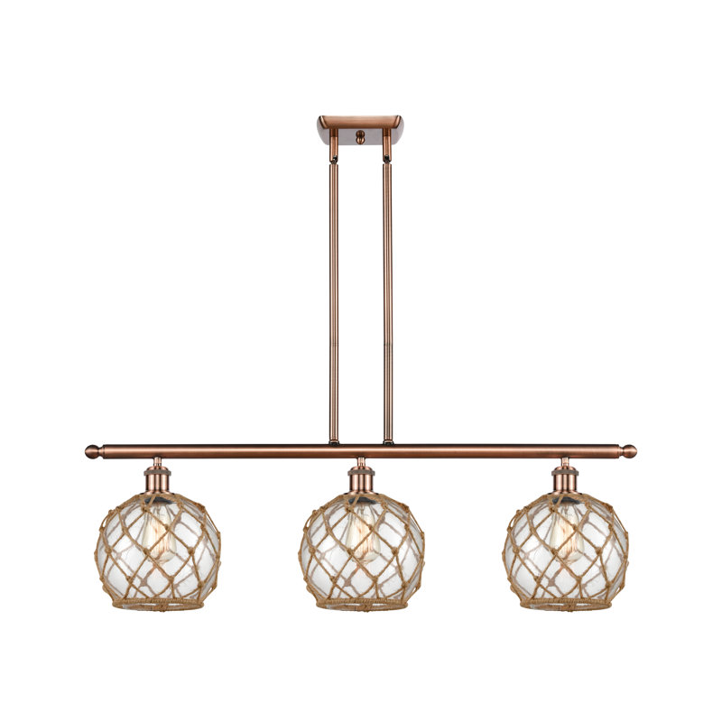 Luminaire suspendu linéaire à 3 lumières pour îlot de cuisine Hildebrandt Farmhouse, Verre transparent avec corde brune