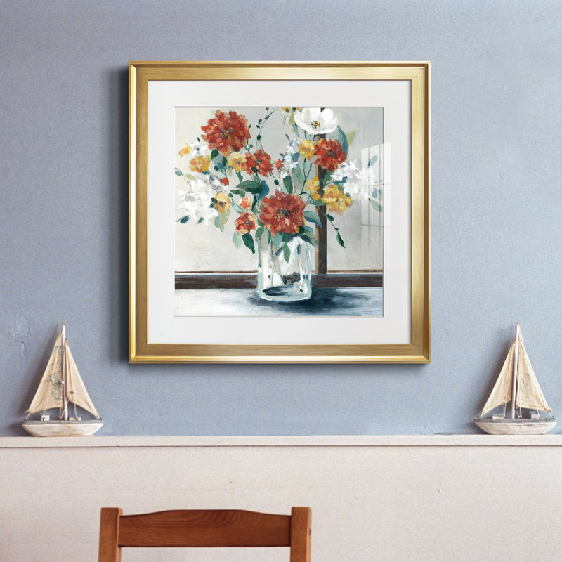 Ensoleillé - peinture encadrée, Encadrement doré, H 17,5 po x l 17,5 po x P 1,5 po