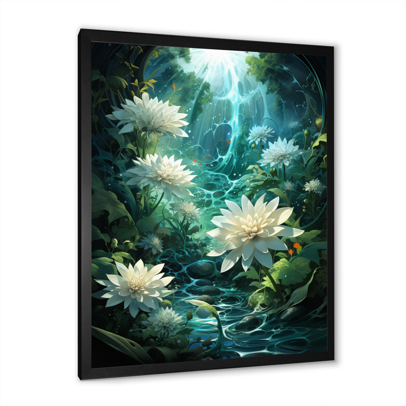 Beige sarcelle abstrait fractal fractal vortex, Cadre photo noir, H 40 po x l 30 po x P 1,5 po