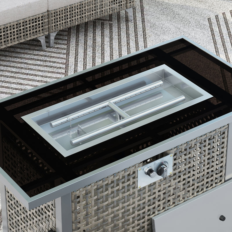 43" Rectangular Grey Open Weave Propane Fire Pit Table, 60000 , With Blue Glass Stones, Tempered Wind Guard, And 20lbs Storage For Outdoor Parties Gas Removable - Rust Lid, Bohemian Style Deck