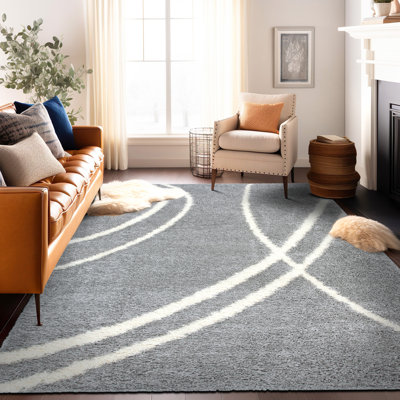 Meiko Modern Striped Shag Light Gray/Ivory Area Rug