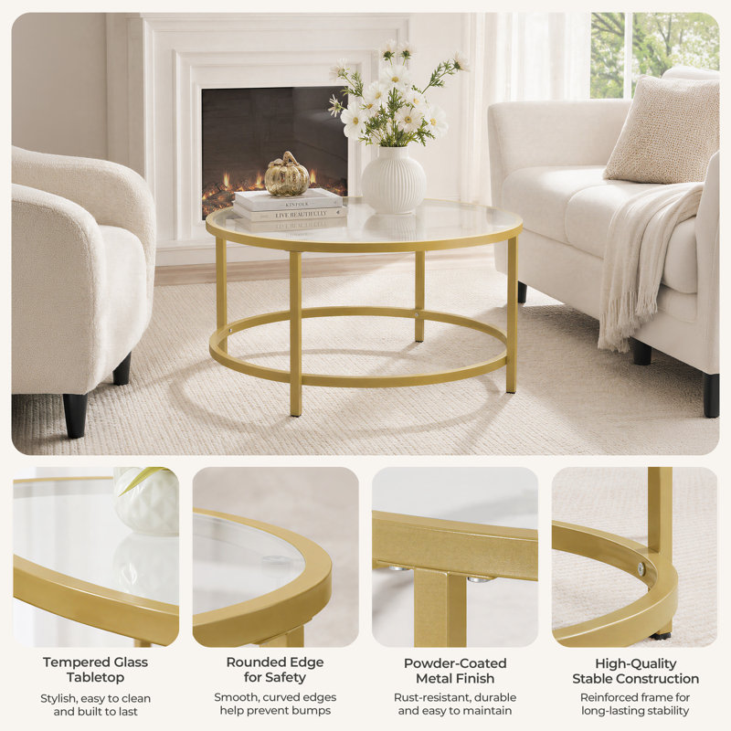 Cellestine Round Glass Coffee Table, Gold, 18" H x 36" L x 36" W