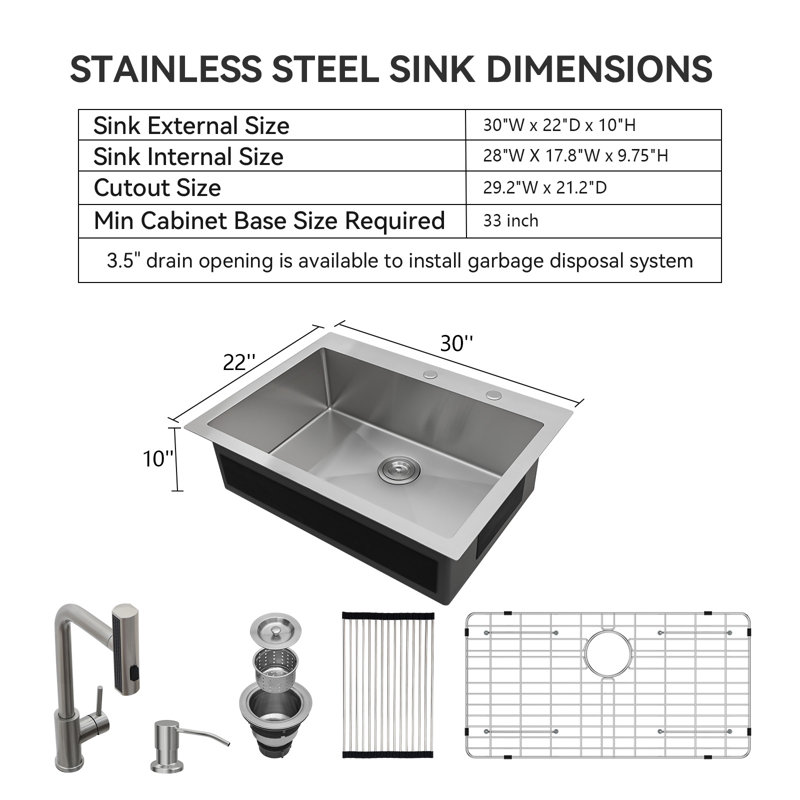 30" L x 22" W Drop In Kitchen Sink with Pull-out Faucet 16 Gauge Stainless Steel Topmount Single Bowl Sink