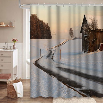 Winter White Snow Barn Landscape Black Shower Curtain with 12 Hooks