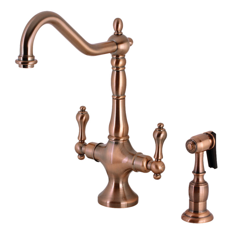 Robinet de cuisine à deux poignées à fixation sur plateau Kingston Brass Heritage, Avec jet, Cuivre antique