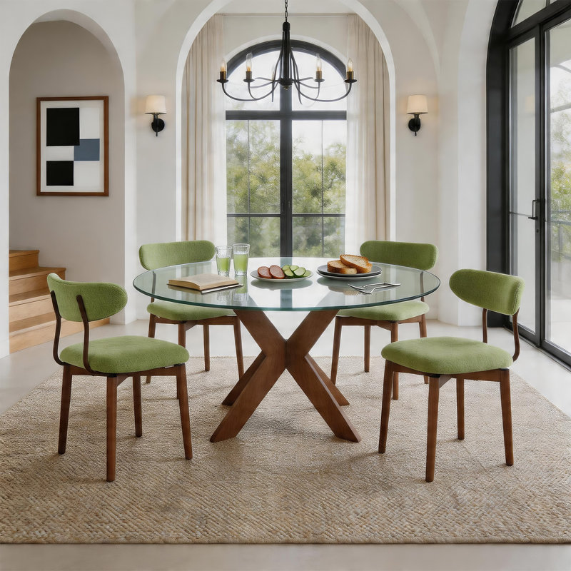 4-Piece Cotton-Linen Set With Curved-Back Wooden Dining Chairs, Green