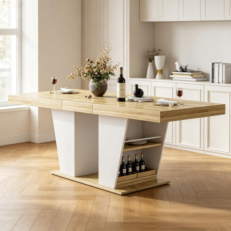 Table de salle à manger extensible crème 78,7 po avec tablettes de rangement latérales
