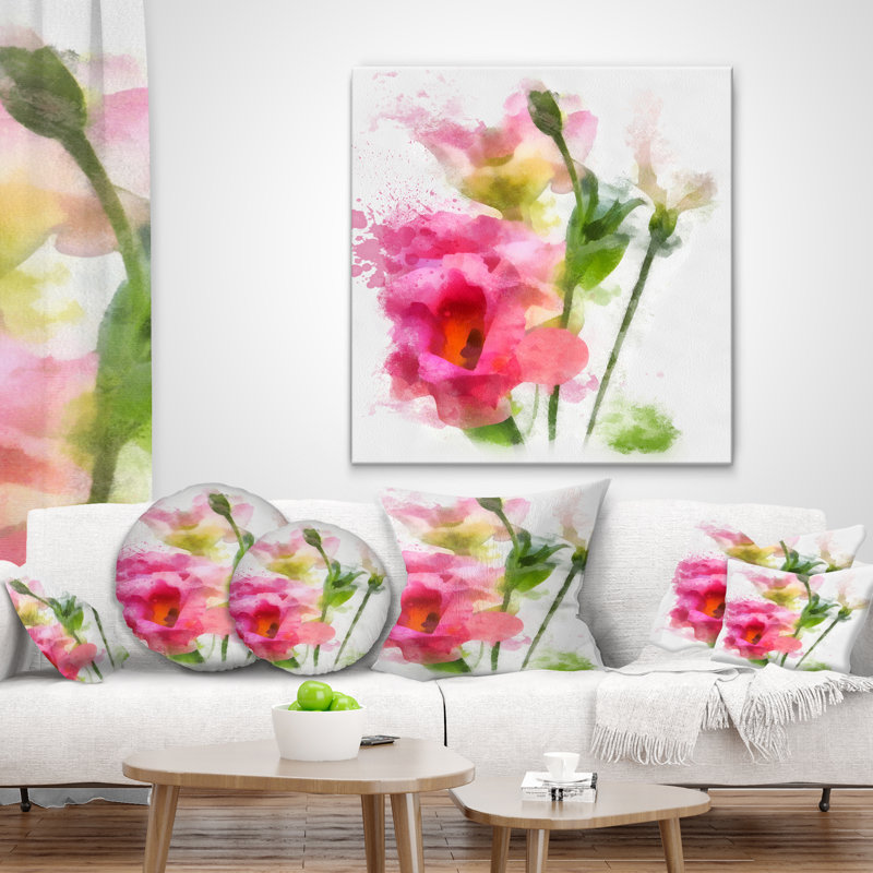 Coussin décoratif imprimé à la main fleur d'aquarelle rose, 18 po x 18 po, Carré