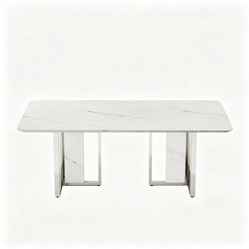 Spacious Marble-Patterned Rectangular Dining Set With Faux Leather Chairs, 7 Pieces: Table, 6 Chairs, Orange/Dark Gray