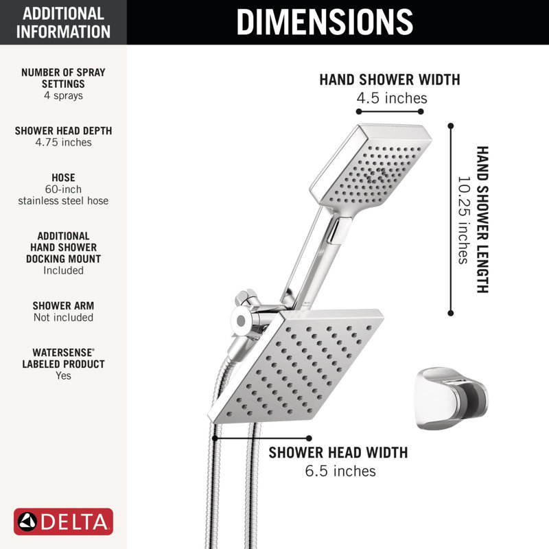 Square 2-in-1 Dual Shower Head with 5-Setting HandHeld Spray 1.75 GPM Chrome, Chrome
