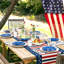 Chemin de table rayé en mélange de lin avec finition imperméable, décor patriotique de la fête de l'Independance pour la table et la cuisine - étoiles et rayures rouges, blanches et bleues