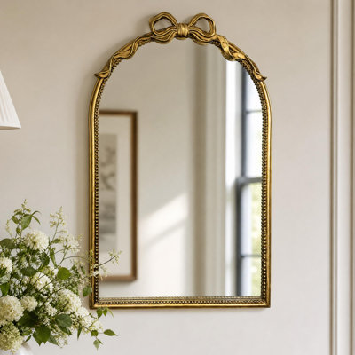 Vintage Gold Bow Arched Wall Mirror – Decorative Metal Frame Mirror for Living Room, Bedroom, Entryway,Bathroom