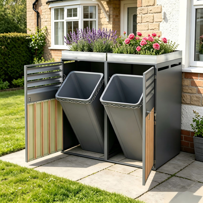 Wetherly Outdoor Trash Can Storage Box with 2 Lockable Doors, Ventilation & Top Planter,Wood Grain and Grey