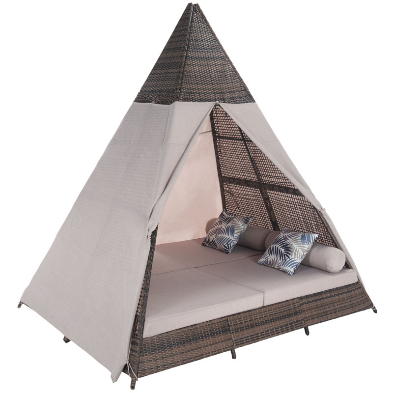 Lorn 90.55'' Wide Wicker Patio Daybed with Cushions, Brown, Beige
