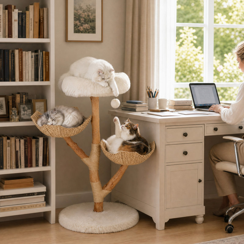 Natural Wood Cat Tower With Hand-woven Baskets And Scratching Post, Cute Cat Tree For Indoor Cats, White