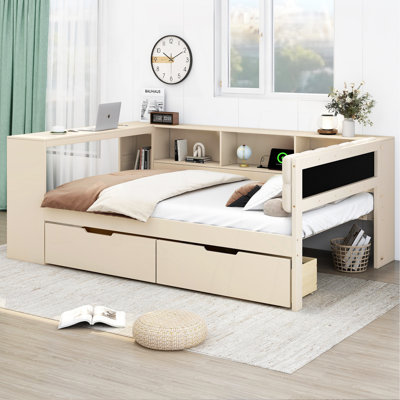 Lit plateforme double en bois avec tablettes de rangement, tiroirs, station de charge et tête de lit tapissier, crème